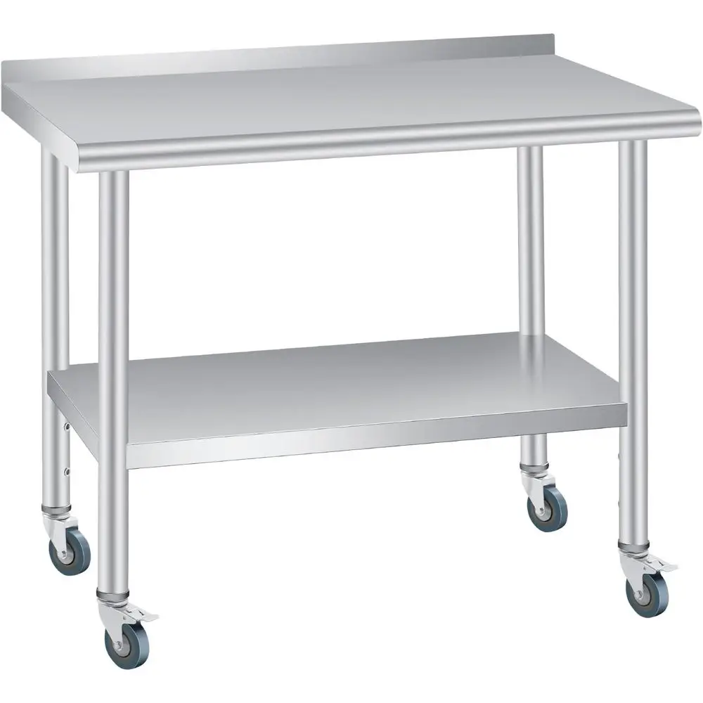 

Prep Table, 48 x 24 inches, with Backsplash & 4 Wheels, Adjustable Undershelf, Commercial Heavy Duty Table with Adjustable Under