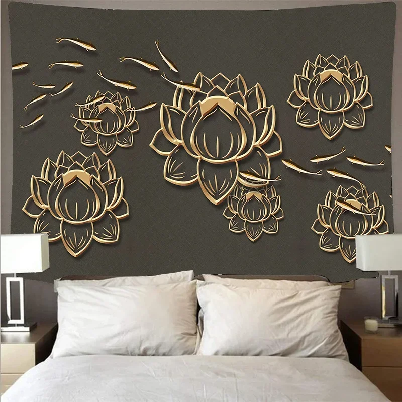 Chinese Style Hanging Cloth Scenery Background Art Painting Decor Lotus Goldfish Wall Carpet Home Decoration Gilding Tapestry