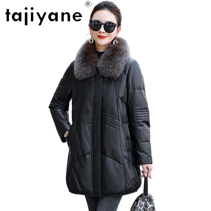 TAJIYANE Kurtka puchowa damska ze 100% skóry owczej z kołnierzem z futra lisa, płaszcz z kaczym puchem, kurtki ze skóry naturalnej, odzież zimowa damska 2025 가죽자켓