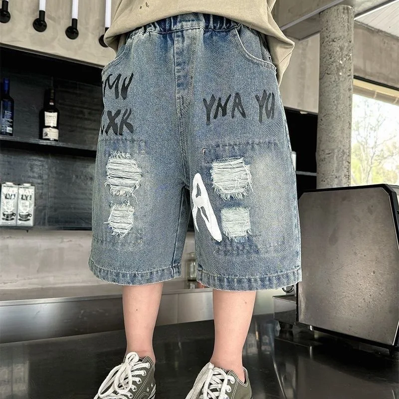 Junior Boys Shorts UNITIM Summer Hole Handsome Kids Boys Denim Shorts Loose Casual Young Teens Boys Shorts 3-12Yrs Boys Shorts view 2