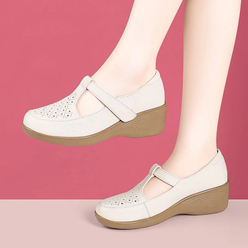 

5cm Fashion Breathable Comfortable Shallow Genuine Leather Shoes Women Loafers 2026 Cutout Flat Platform Shoes Office Mom Daily