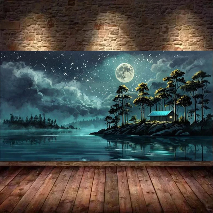 

Moon Lake Scenery Large Size Diy Diamond Painting Kits New Sea Trees Landscape Full Drill Mosaic Embroidery Pictures 200x100cm