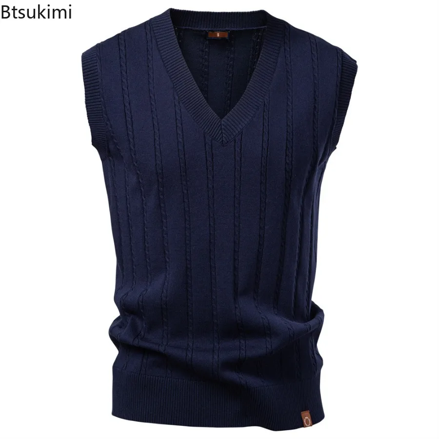 

2025 Autumn Winter Men's Knitted Sweater Vests Fashion V-Neck Solid Slim Pullovers Business Casual Men Sleeveless Knitwear Tops