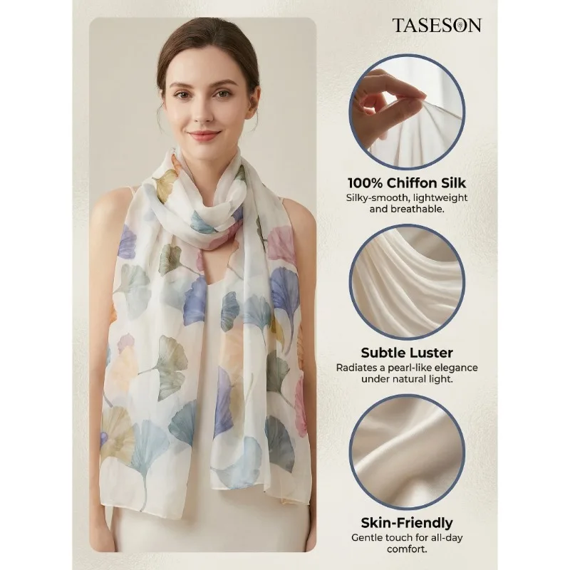 Lightweight 100% Mulberry Silk Chiffon Scarf for Women Oblong Shawl Neck Scarf Beach Wrap Headscarf Gift Pack Multicolor Leaf