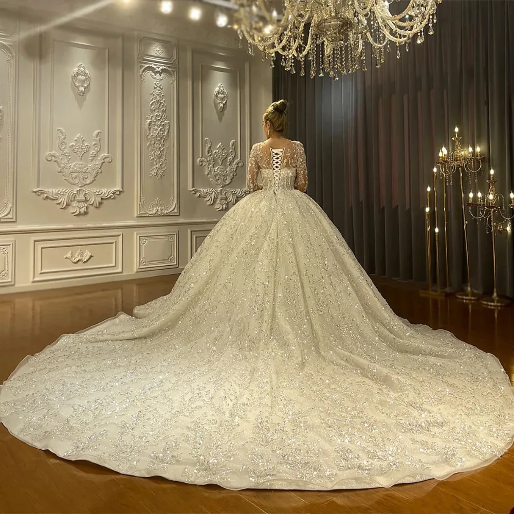 Splendido abito da sposa a maniche lunghe a-line per le donne Paillettes Appliques Abito da sposa Abiti con o-collo Vestido De Novia Personalizzato