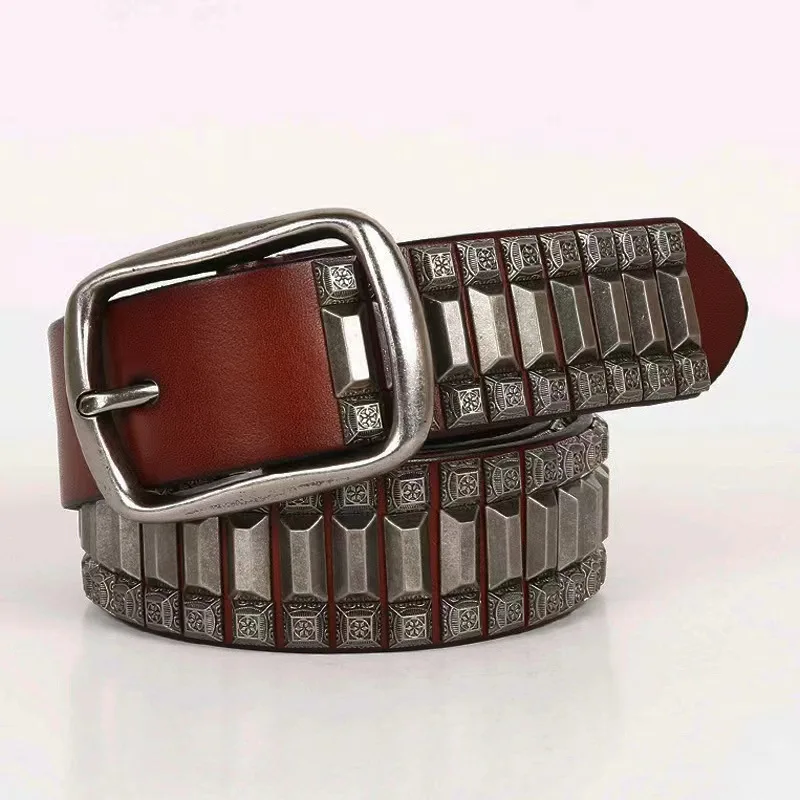 

New Cowboy Motorcycle Jeans Heavy Metal Rivet Belts For Men Genuine Leather Belt Punk Rock Male Strap Ceinture Homme