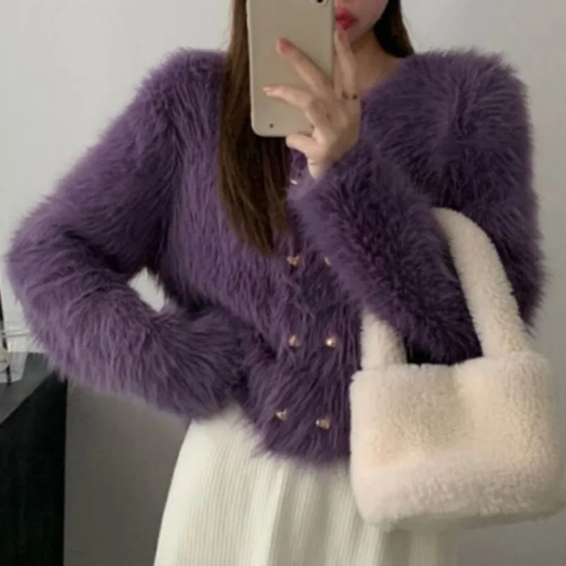 Double Breasted Button Knitted Cardigan Women Furry O-Neck Cardigan Female Long Sleeved Knitted Loose Cardigan Autumn Winter