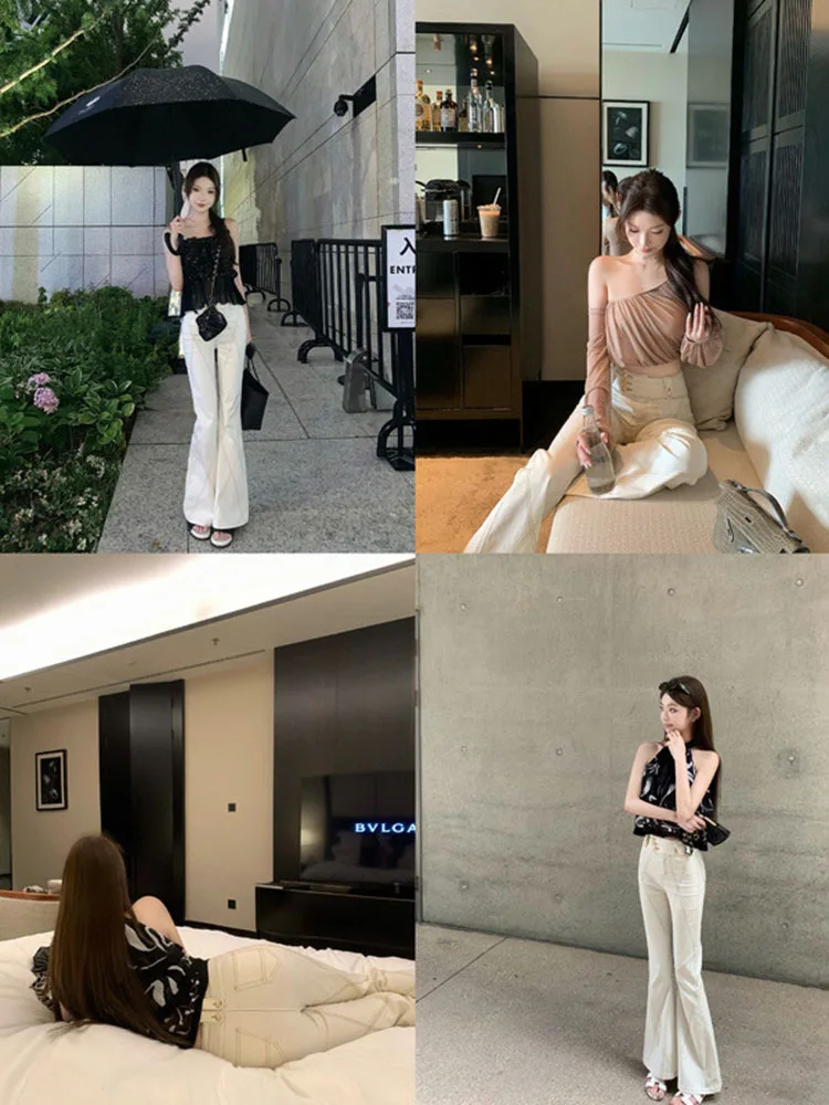 ハイウエストフレアジーンズ レディース ダブルバックル エラスティック フロア丈パンツ ブラック スリムフィット ストレッチパンツ セルフファブリックパッド