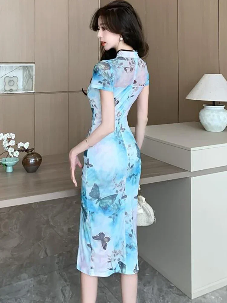 Robe d'été élégante et décontractée pour la maison, tenue de soirée moulante coréenne, en maille bleue, motif Floral, ajourée, mi-longue, 2025