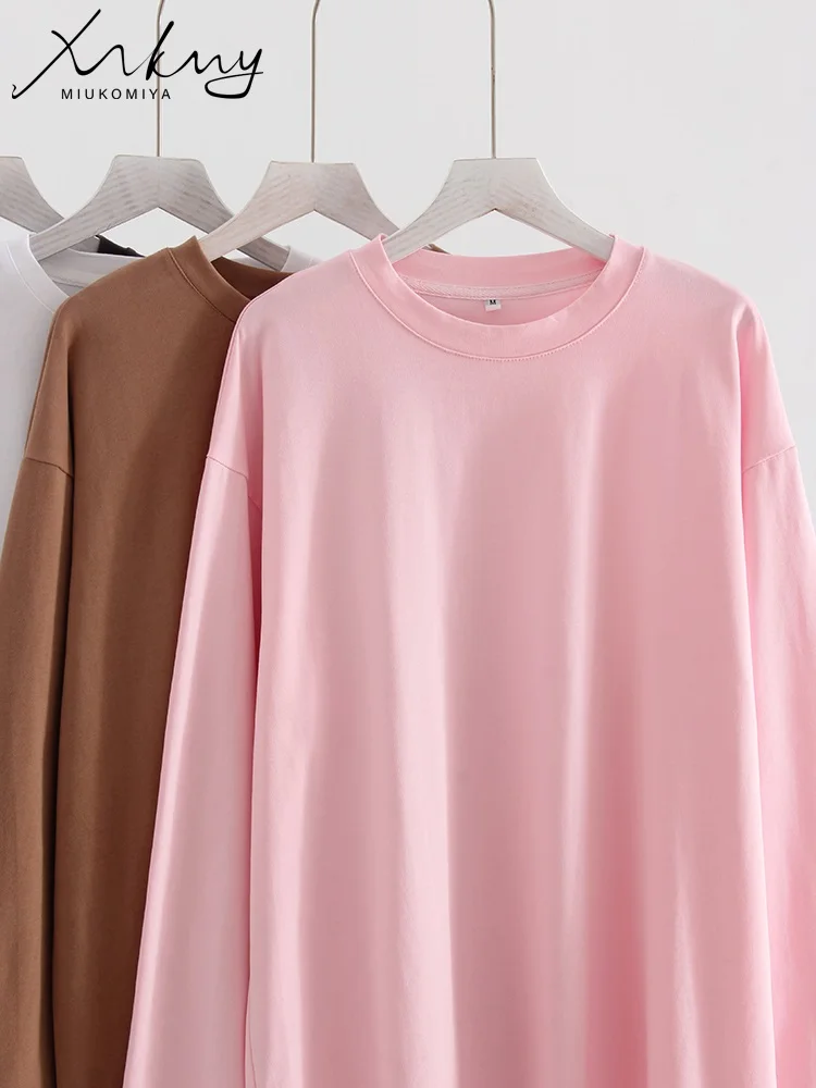 Basic Solid Cotton Oversized T-shirt Women Pink Long Sleeve T Shirts For Woman Loose Tshirt Summer Tops For Women Autumn 2024