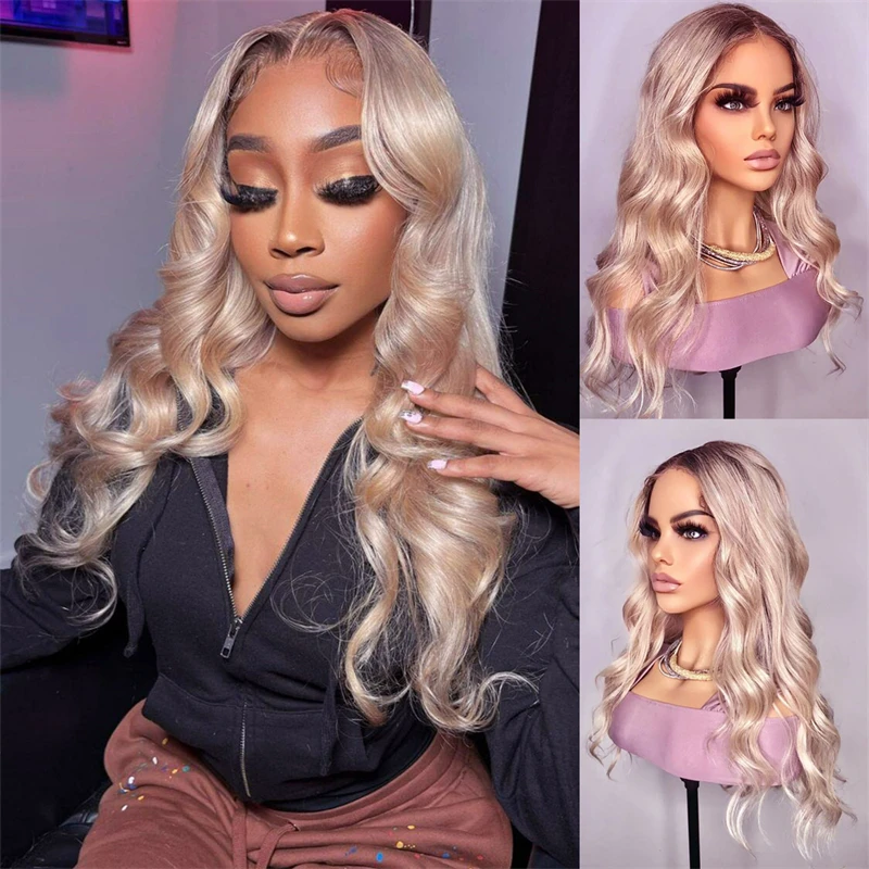 Ash Blonde Human Hair Wigs Brown Roots Colored 360 Lace Frontal Wig Natural Wavy Transparent Lace preplucked human wig