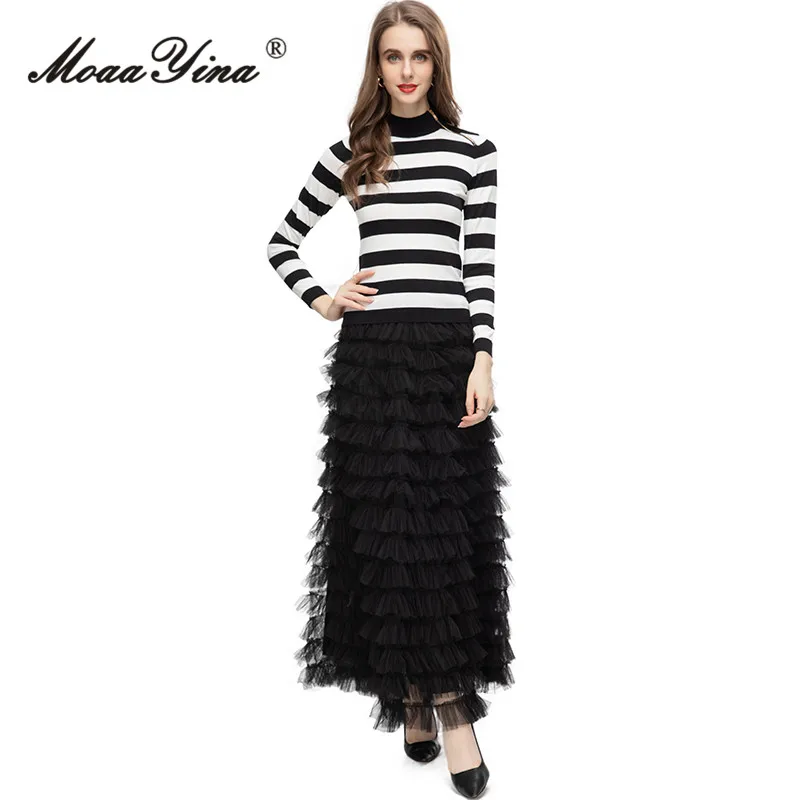 

MoaaYina Summer Fashion Designer Vintage Striped Print Skirt Set Women knitted Sweater+Mesh Cascading Ruffles Skirt 2 Pieces Set