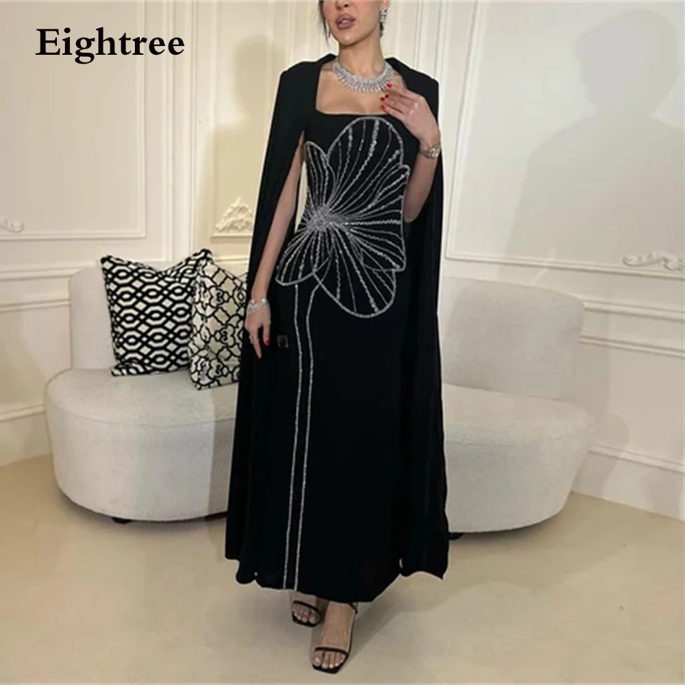 Eightree Black Evening Dress with Sleeve Cape Beading Sequin Straight Ankle Length Prom Gown Cocktail Party Dresses فساتين حفلة