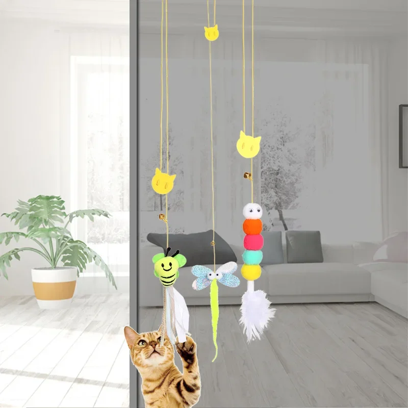 Pet Cat Toys Funny Stick Kitten Self -hi Elastic Rope Dragonfly Shape Feather Bell Teasing Stick Hanging Swing Thousands