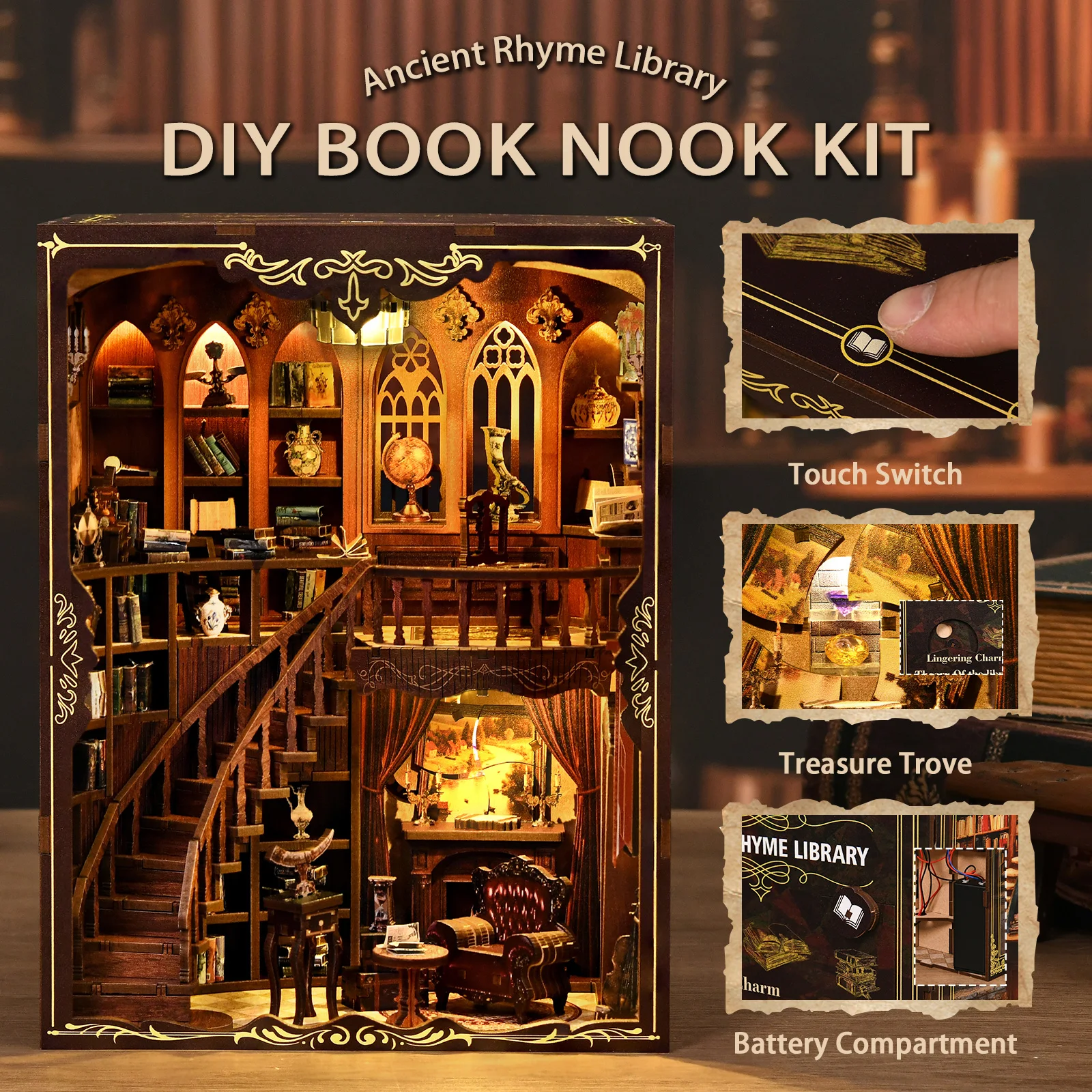 OUZEY خشبية بيت الدمية الصغيرة لتقوم بها بنفسك BookNook عدة التجمع نموذج ثلاثية الأبعاد لغز Bookend رف الكتب إدراج ديكور مع مصباح ليد هدايا عيد الميلاد #5