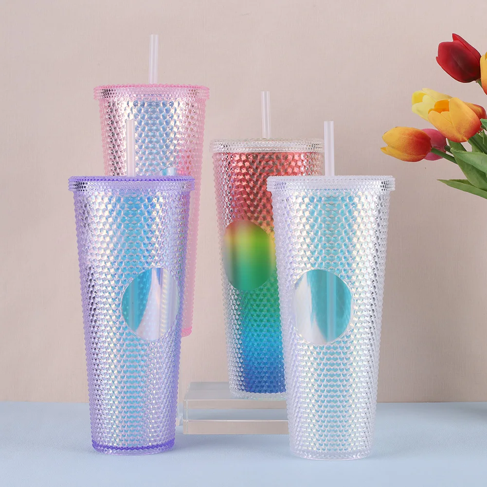 710ml Plastic Straw Cup Drinking Cup Double-Walled Rhinestone Rivet Cup with Lid Water Tumbler Large Capacity for Sports