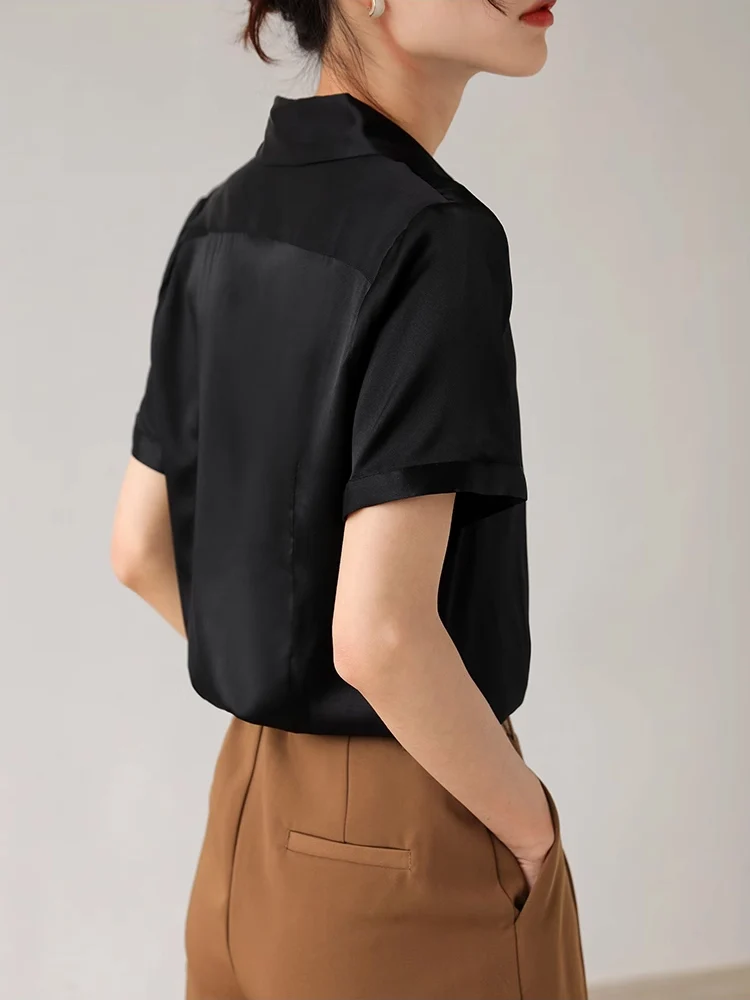 SuyaDream, Woman Solid Shirts, 95%Silk 5%Spandex, Short Sleeved, White Chic Blouses, 2025 Spring Summer Top, Navy, Black