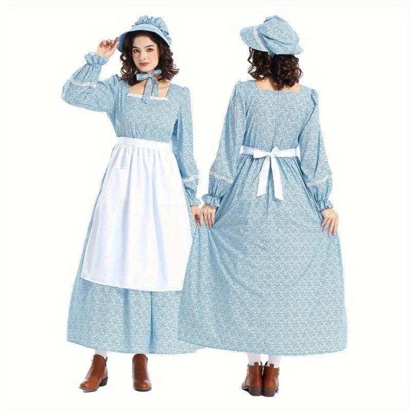 

Костюмы горничной викторианской эпохи с кружевными платьями с цветочным принтом и фартуками и шляпами для карнавала, ролевых игр и тематических вечеринок