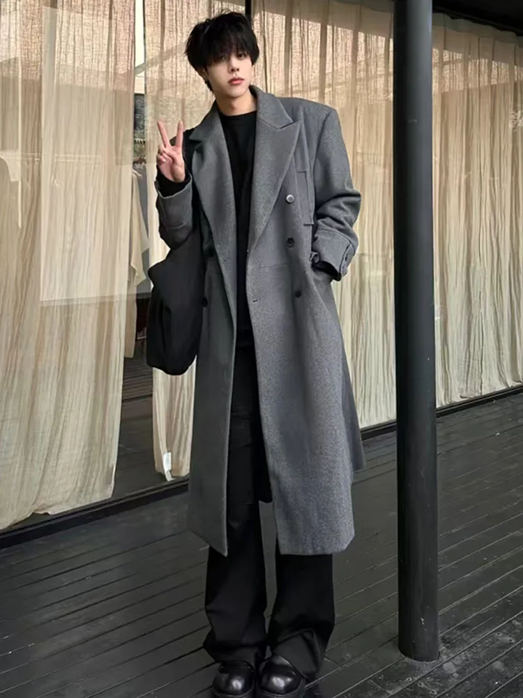 

Korean Sle Thiened oulder Pad Men's Woolen Coat Long Winter Outerwear Casual Loose Knee-Length Trench Coat for Men