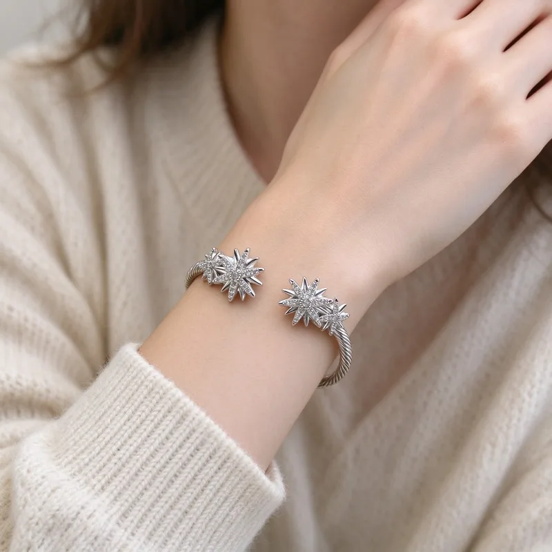 4mm Twisted Cable Cuff Bangle Bracelet forWomen, Sunburst Starburst End Caps with PaveCubic Zirconia, Silver Tone Alloy Open WireBangle, Celestial Style, Dainty Yet Bold, DailyWear Party, Stackable, Perfect Gift for HerWomen Ladies, Great Birthday An