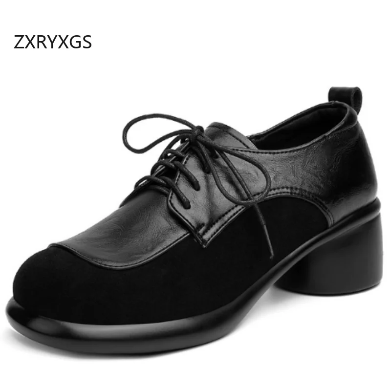 

ZXRYXGS 2025/Новая модная обувь из матовой воловьей кожи со шнуровкой + гладкая воловья кожа, женская модная обувь на среднем каблуке больших размеров