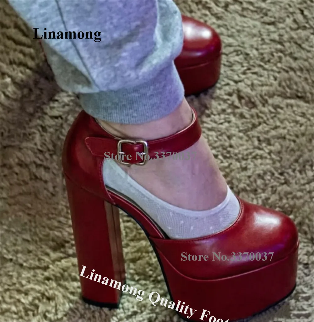 Linamong Elegant Red Black Matte Leather Chunky Heel Pumps Round Toe Ankle Straps Buckles High Platform Thick Heel Party Shoes