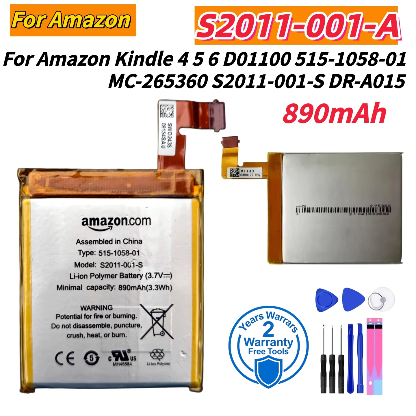 

New 890mAh Lithium battery For Amazon Kindle 4 5 6 D01100 515-1058-01 MC-265360 S2011-001-S DR-A015 Replacement Phone Bateria