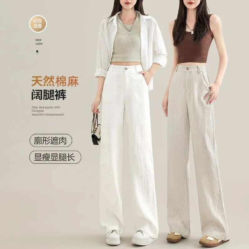 High Waist Cotton Linen Full Length Pants Women Summer Elegant Straight Wide Leg Trouser Female Solid Color Streetwear Pant 2024