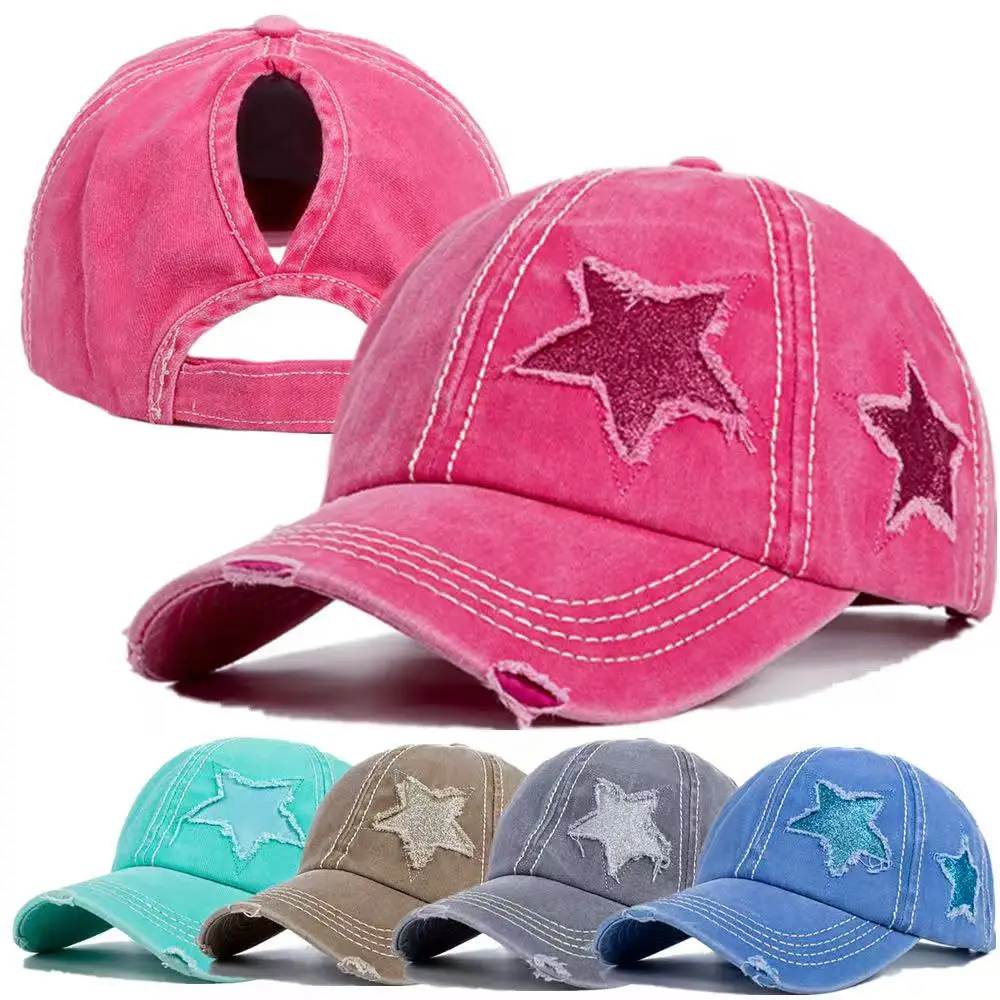 

Women Ponytail Baseball Cap Washed Cotton SunHat Female Pentagram Sequins Hip Hop SnapbackHats Adjustable Sport Golf Hat Gorra