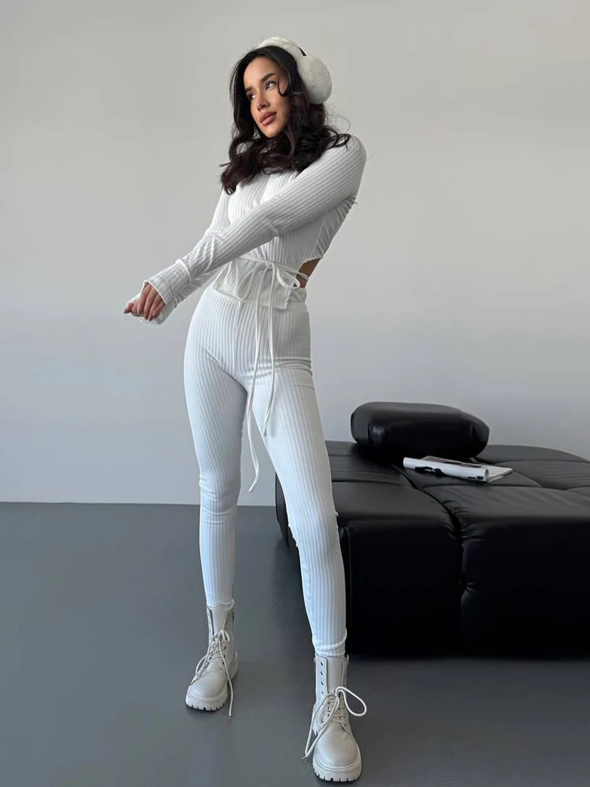 Marthaqiqi Knitted Ladies Nightgown Suit Long Sleeve Pajama Lace Up Nightie Backless Nightwear Pants Casual Female Sleepwear Set