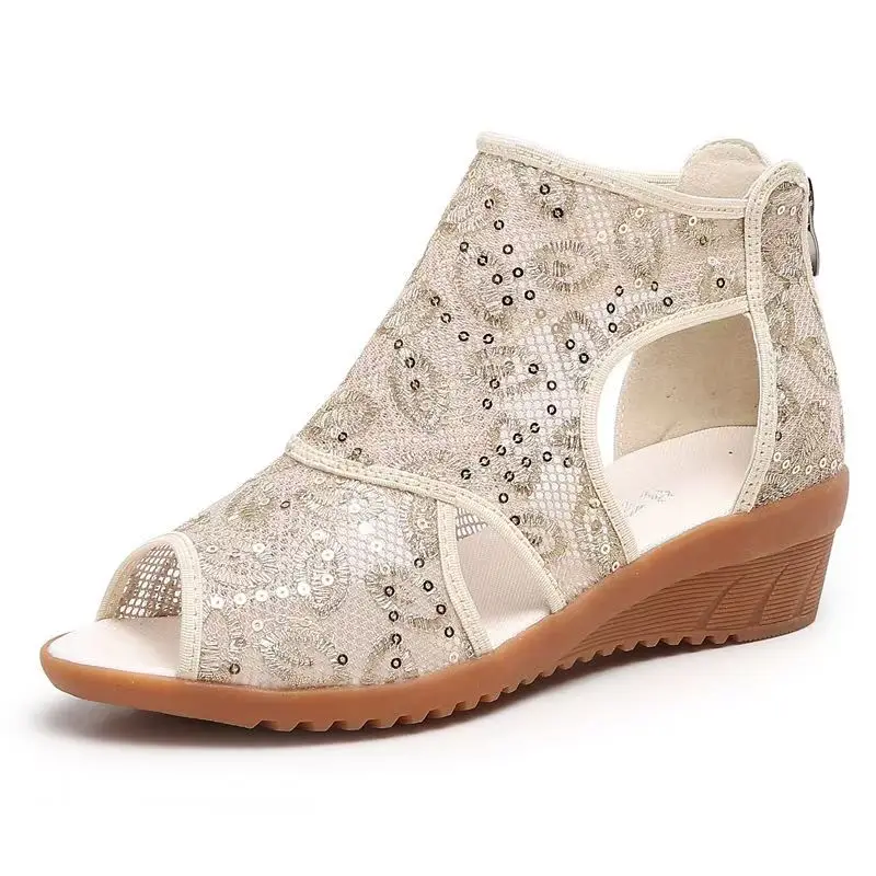 

Женские сандалии на танкетке с открытым носком, новые летние босоножки на мягкой подошве, нескользящие, высокое качество, с блестящими молниями, крутые ботинки