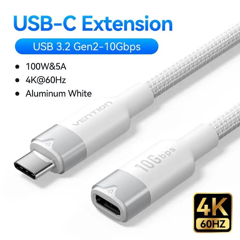 Ventie 100W USB C-kabel Snel opladen 5A Type USB C 3.2 Gen 2 Verlengsnoer 10Gbps 4K @ 60HZ Videokabel Verlengdraad voor laptop