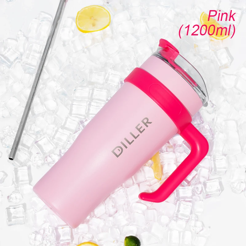 Diller men's and women's 304 stainless steel water cup giant 1200ML insulated cup summer with straw ice cream cup insulated cup