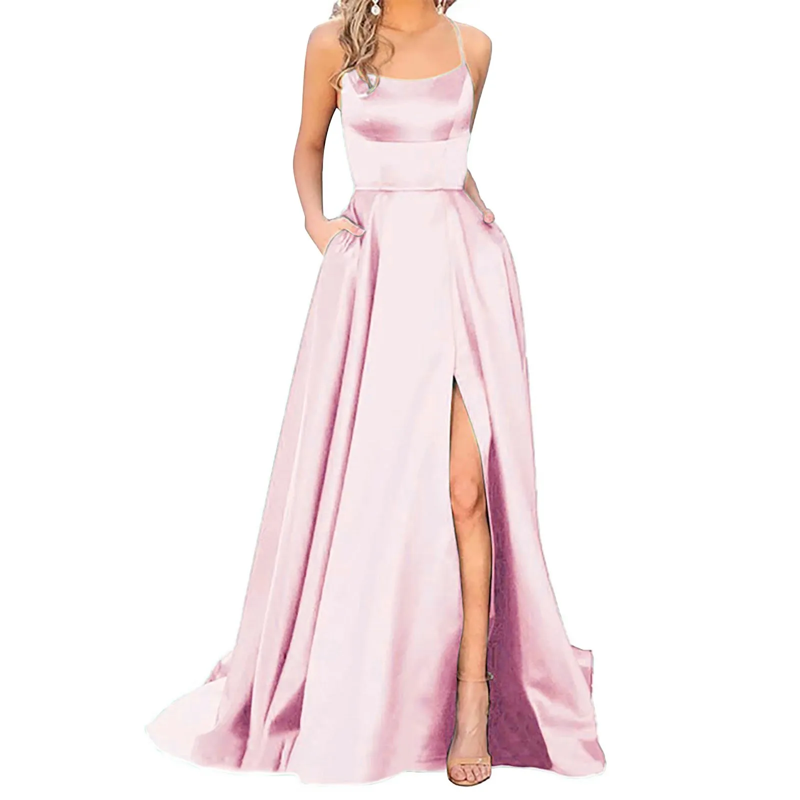 Temperament Satin Prom Dresses Ladies Sexy Sleeveless Spaghetti Straps Slim Cocktail Dresses High Waisted Hem Split Gowns Dress