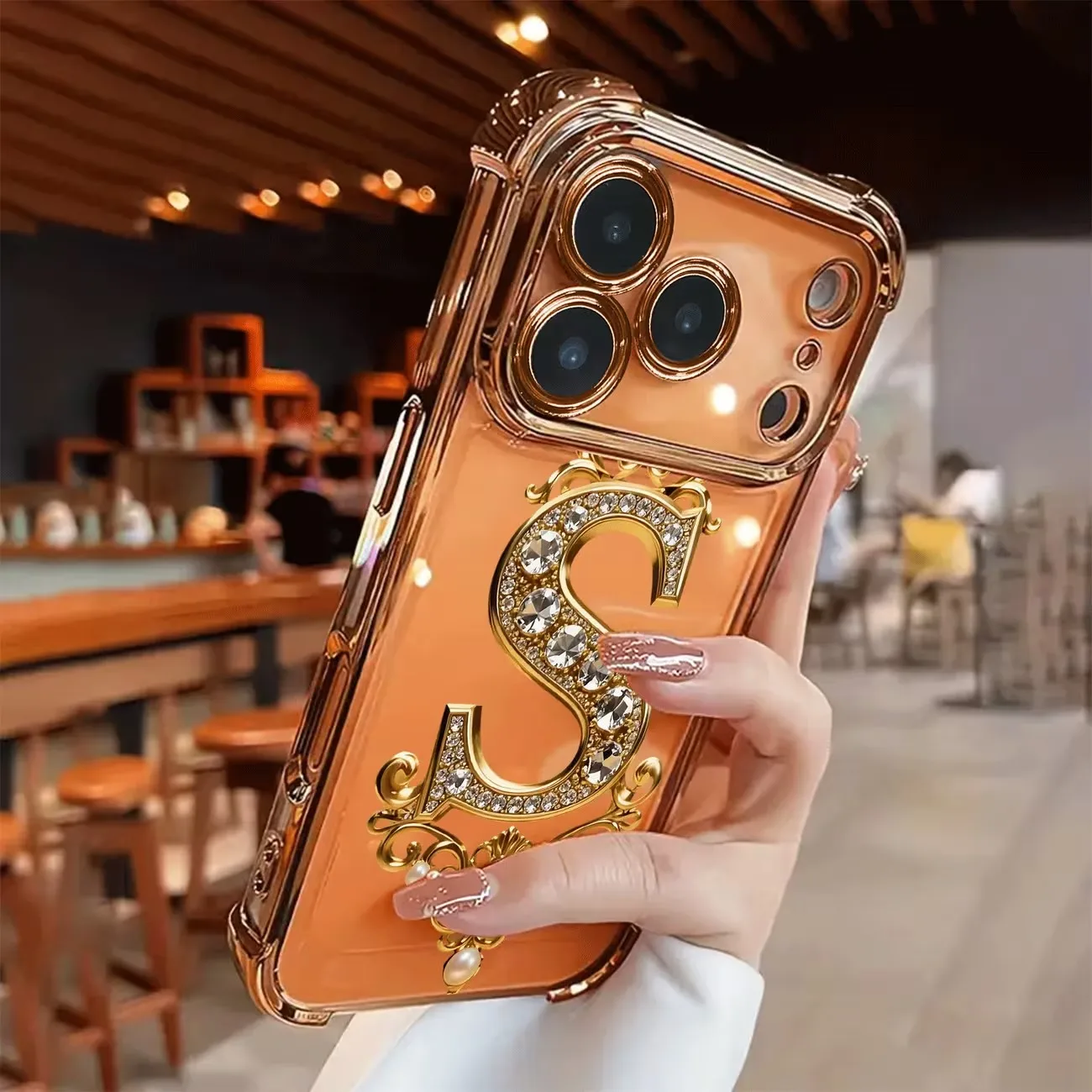 Funda de Teléfono con Diseño de Diamantes y Patrón Dorado en Forma de S, Electrochapada, para iPhone 11 12 13 14 15 16 17 Pro Max Plus Air, Antigolpes, Suave