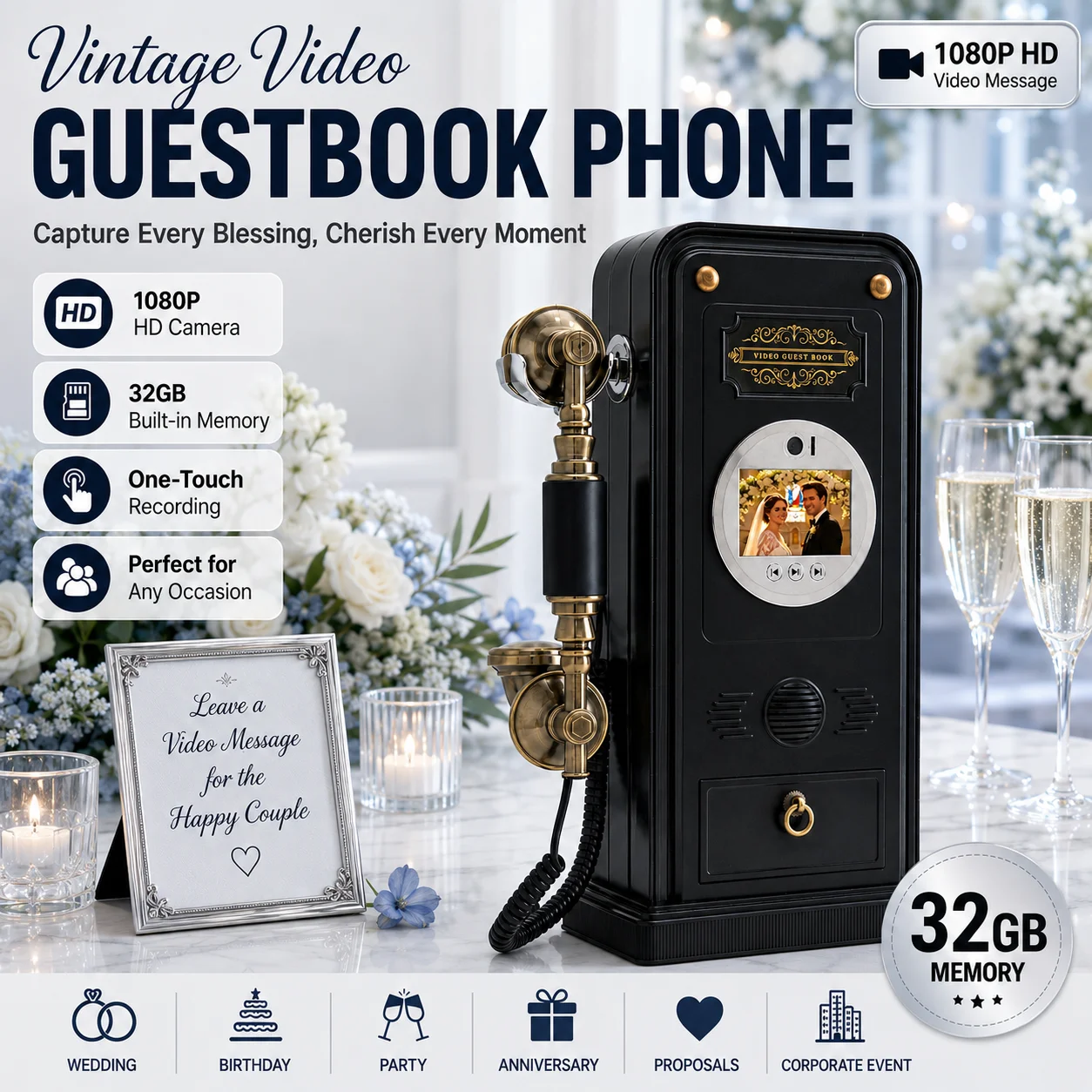Livre d'or vidéo de mariage parfait pour enregistrer les messages de bienvenue pour les fêtes et la famille avec caméra 1080P, lumière LED et stockage 32 Go, livré en coffret cadeau