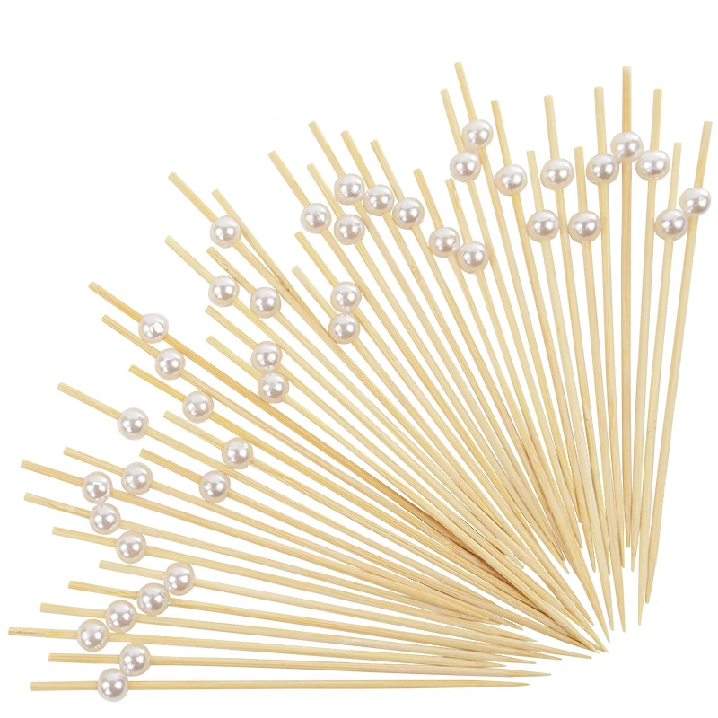 100Pcs Pearl Disposable Bamboo Skewers Wooden Cocktail Picks Fruit Picks Snack Fork Skewer Wedding Birthday Party Supplies