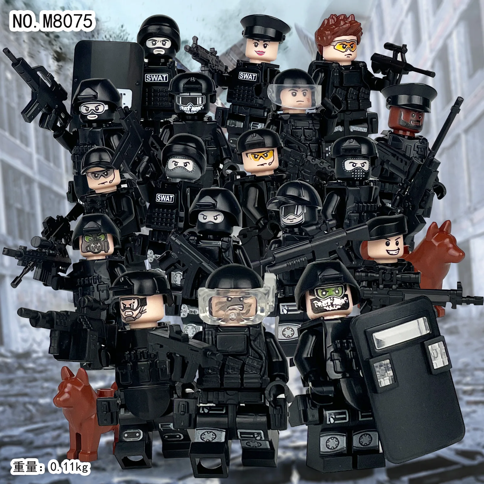 

Cross-border wholesale M8075 military building block minifigure 18 black SWAT boy playsets bag dropshipping