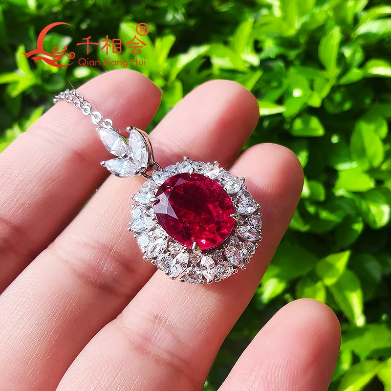 

925 Silver Oval 10*12mm Pendant Necklace with Red Pink Blue Color Lab Grown Ruby Sapphire Inclusion Marquise White Moissanite