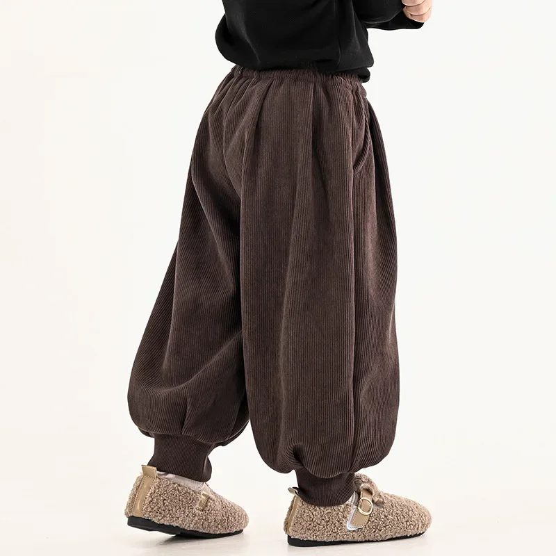 Winter Thickened Children's Corduroy Leg Tied Casual Pants with Added Velvet