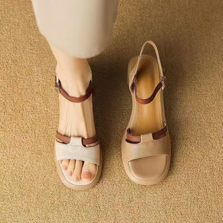 Women's Soft Leather Chunky Heel Sandals Non-slip Platform Wedge Sandals Casual Colorblock Open Toe Ankle Strap Shoes