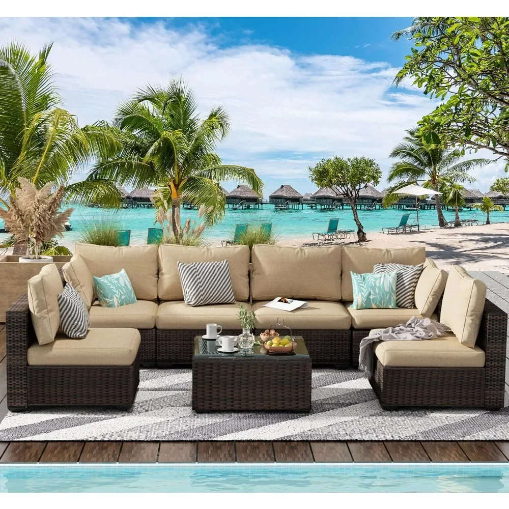 Garden Sofas, 7 Piece Furniture Set, All Weather Outdoor Sectional Rattan, Garden Sofas