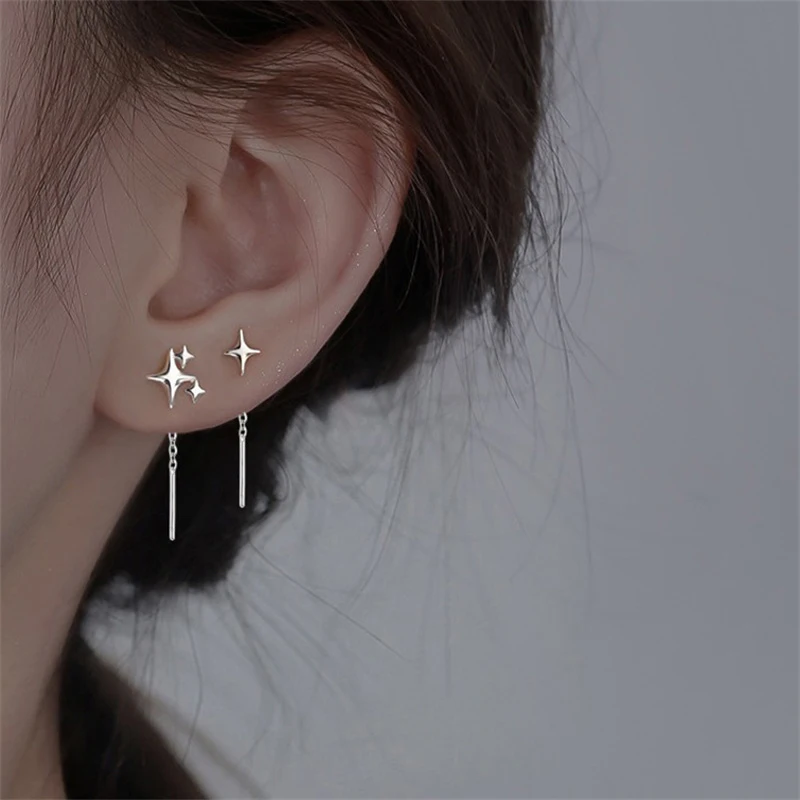 

Асимметричные висячие серьги серебряного цвета со звездами для женщин, модные и элегантные серьги с четырьмя заостренными звездами, подарок на вечеринку для девочек