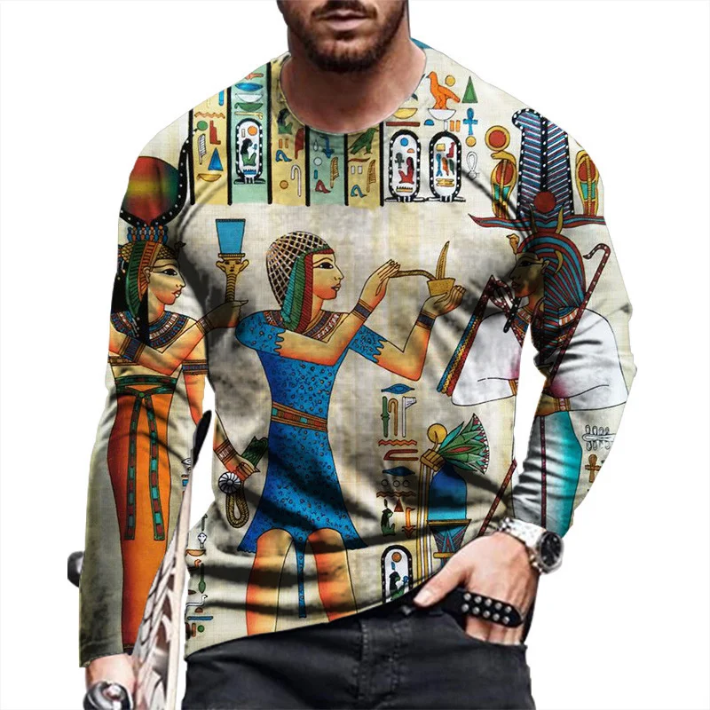 Egyptian Hieroglyphs Pattern T Shirt For Men Vintage 3D Printed Tees Summer Casual Long Sleeves Loose T-Shirts Round Neck Tops