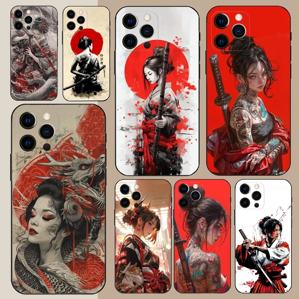 Samurai Warrior Geisha  Phone Case For Apple iPhone 15,14,13,12,11,Pro,X,XS,Max,XR,Plus,Mini Soft Black Cover