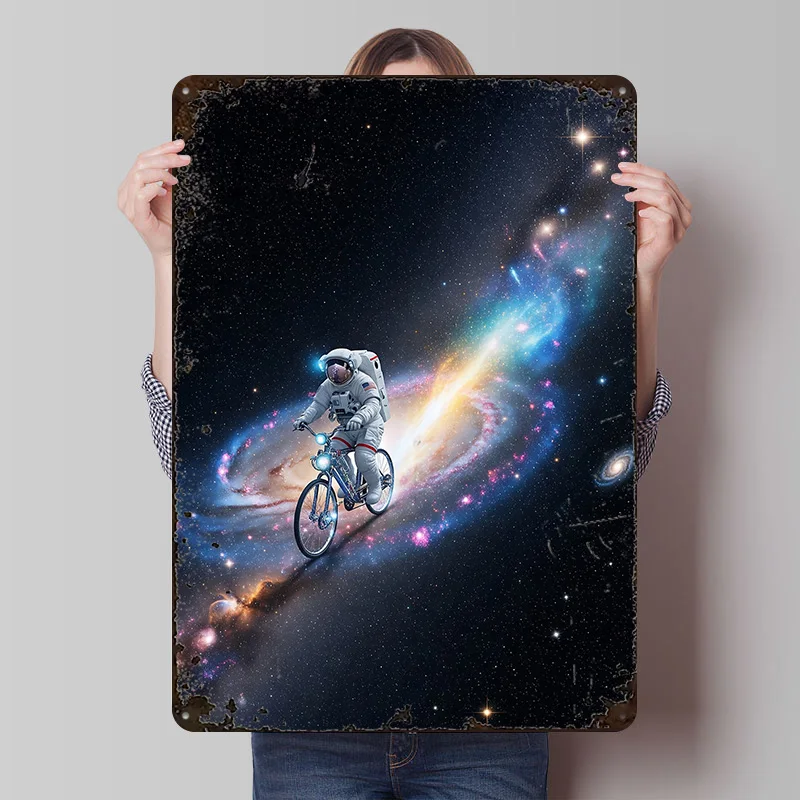 Astronaut Cycling Through Space Poster Customized Wall Art Vintage Metal Signs Retro Tin Plaque for Man Cave Home Decor Items