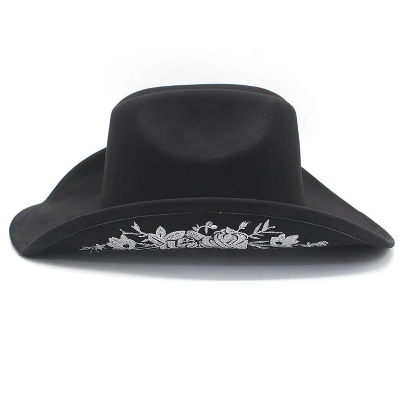 Ganzjahres-Fedora im Cowboy-Stil für Damen – Baumwoll-Poly-Mütze (57–58 cm) mit gebogener Krempe und 3D-Blumenstickerei – Detail 2