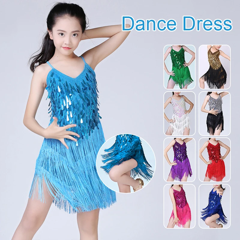 

Kids Latin Dance Dress Children Girl Professional Tango Ballroom Sequin Tassel Skirt Practice Party Show Stage Dance Costume