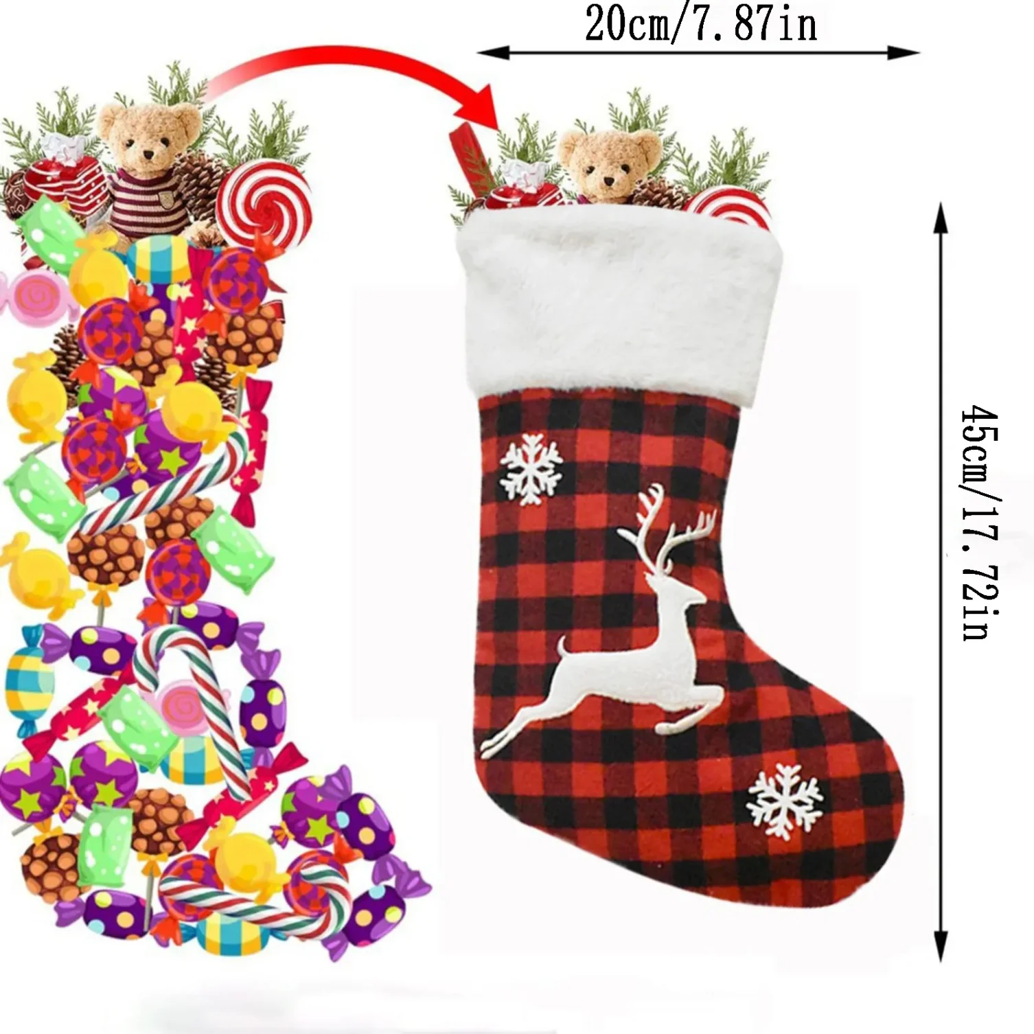 Christmas Stocking Fireplace Decor Christmas Gift Fun Tree Snowflake Red White Plaid Sock Boots Fireplace Home Decoration - Image 5