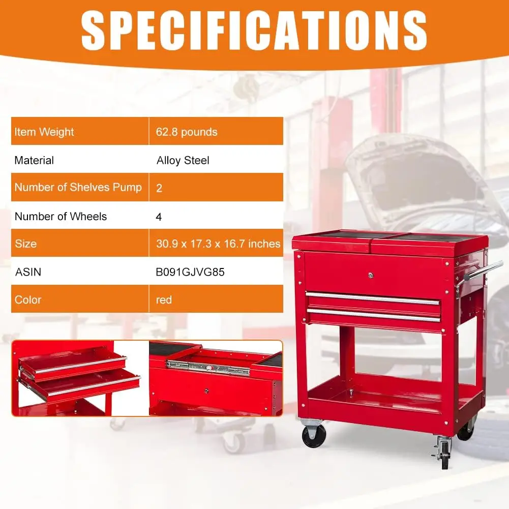 HPDMC Steel Tool Service Utility Push Cart with Lockable Drawers & Sliding Top 2-Drawer Garage Rolling Storage Tool Chest